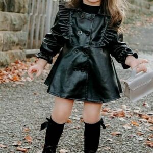 COPY - BRAND NEW ADORABLE LITTLE GIRLS BLACK FAUX LEATHER COAT WITH RUFFLES SIZ…